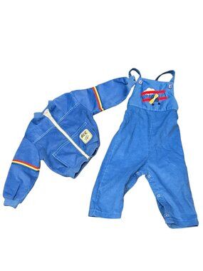 Vintage Health-Tex Toddler 2-Piece Outfit Blue Corduroy Overalls & Jacket Airpla